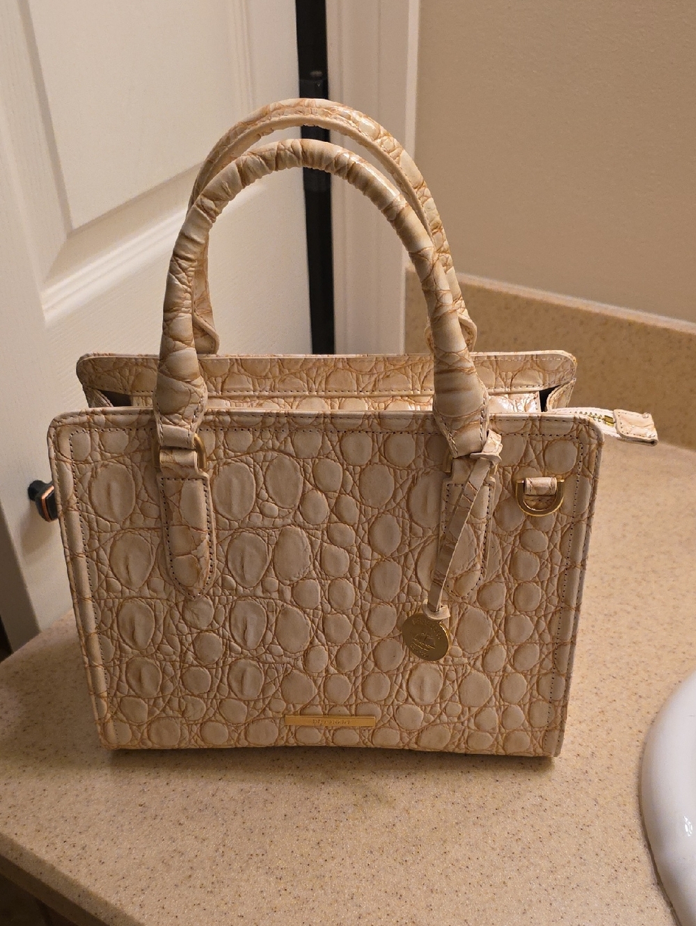Brahmin Cream Croc-Embossed Top-Handle Satchel
